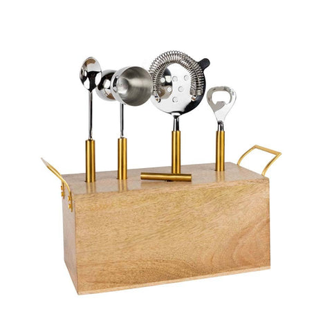 Bar Tool Cocktail Set with Mango Wood Stand