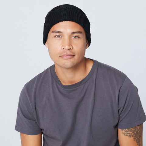 Recycled Waffle-Knit Beanie in Black