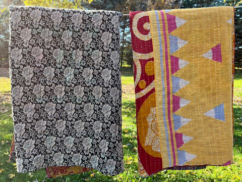 Vintage Sari Kantha Throw Blanket