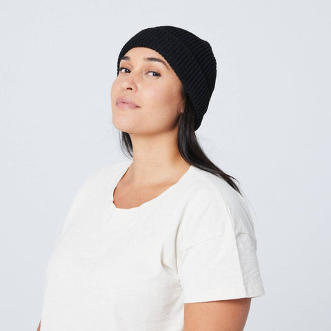 Recycled Waffle-Knit Beanie in Black