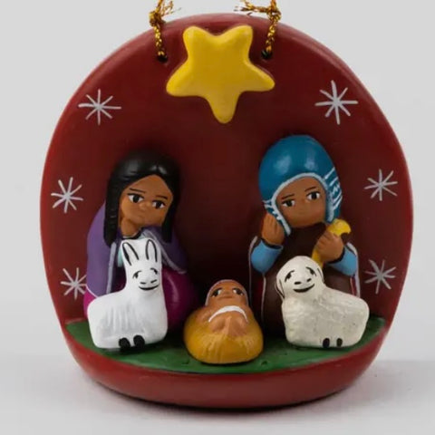 Hanging Red Nativity Scene Ornament