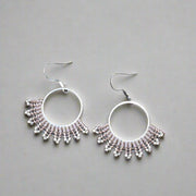 Hand-beaded Herringbone Hoop Earrings in Rose and Silver
