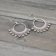 Hand-beaded Herringbone Hoop Earrings in Rose and Silver