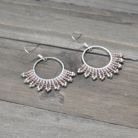 Hand-beaded Herringbone Hoop Earrings in Rose and Silver