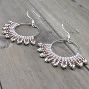 Hand-beaded Herringbone Hoop Earrings in Rose and Silver