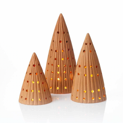 Three wooden cone-shaped lamps with a white base on a white background