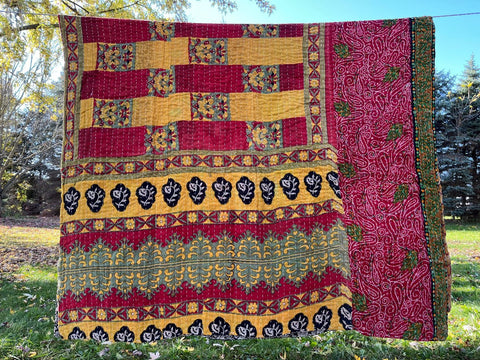 Vintage Sari Kantha Throw Blanket