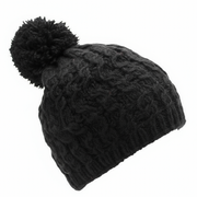 Black knit beanie with pom-pom on a white background