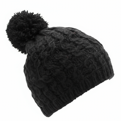 Black knit beanie with pom-pom on a white background