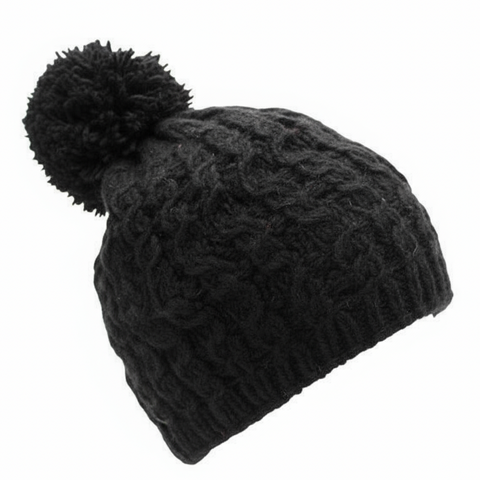 Black knit beanie with pom-pom on a white background