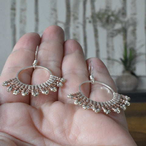Hand-beaded Herringbone Hoop Earrings in Rose and Silver