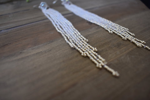 Hand-beaded Long Iridescent and Silver Earrings