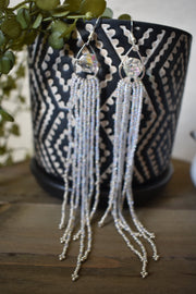 Hand-beaded Long Iridescent and Silver Earrings