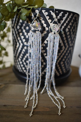 Hand-beaded Long Iridescent and Silver Earrings