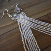 Hand-beaded Long Iridescent and Silver Earrings
