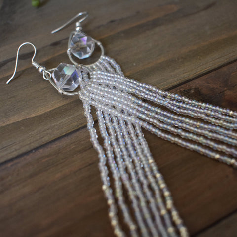Hand-beaded Long Iridescent and Silver Earrings