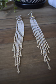 Hand-beaded Long Iridescent and Silver Earrings