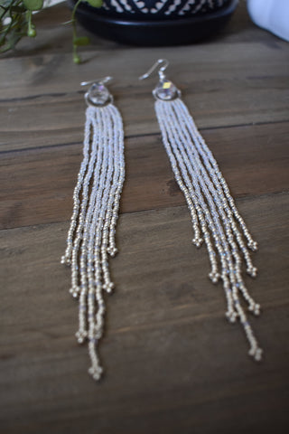 Hand-beaded Long Iridescent and Silver Earrings