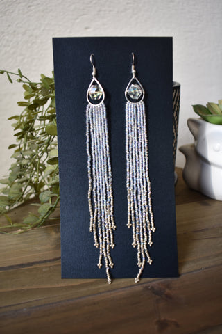 Hand-beaded Long Iridescent and Silver Earrings