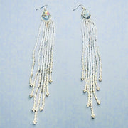 Hand-beaded Long Iridescent and Silver Earrings