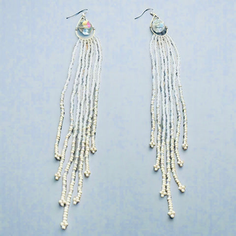 Hand-beaded Long Iridescent and Silver Earrings