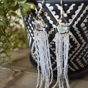 Hand-beaded Long Iridescent and Silver Earrings