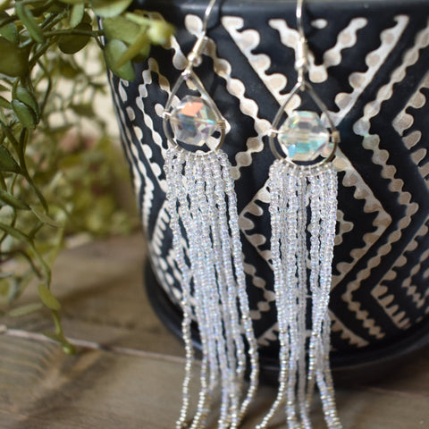 Hand-beaded Long Iridescent and Silver Earrings
