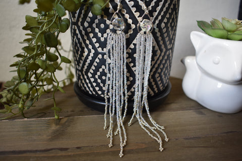 Hand-beaded Long Iridescent and Silver Earrings