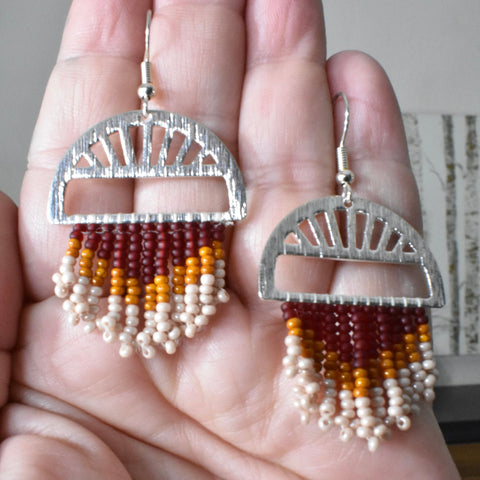 Hand-beaded Earrings with Half Circle Pendant