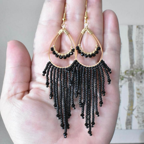 Hand-beaded Earrings in Black and Gold