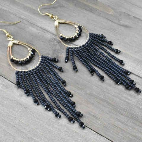 Hand-beaded Earrings in Black and Gold
