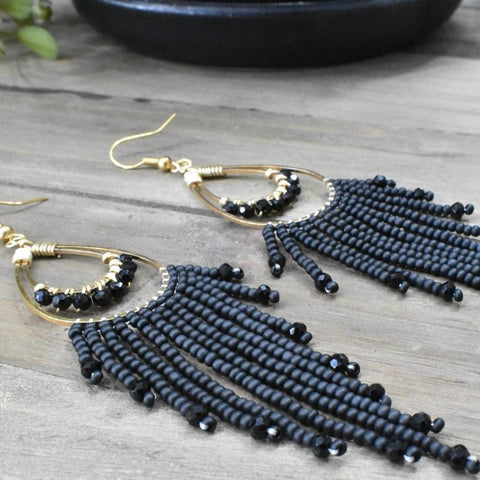 Hand-beaded Earrings in Black and Gold