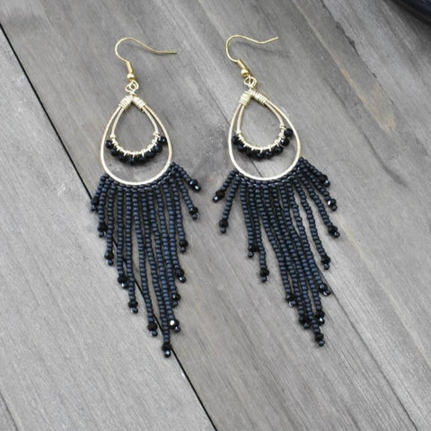 Hand-beaded Earrings in Black and Gold