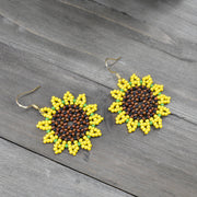 Hand-beaded Sunflower Earrings on 18k Gold