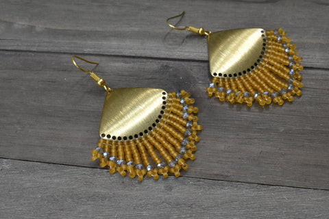 Gold Beaded Fringe Earrings with Raw Brass Pendant
