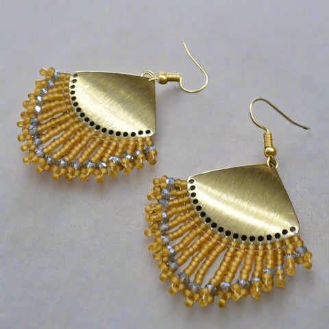 Gold Beaded Fringe Earrings with Raw Brass Pendant