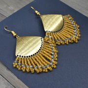 Gold Beaded Fringe Earrings with Raw Brass Pendant