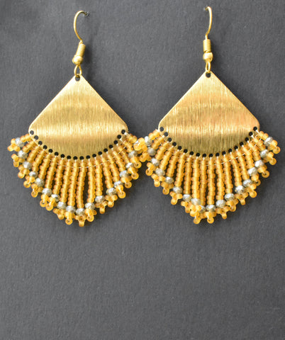 Gold Beaded Fringe Earrings with Raw Brass Pendant