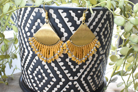 Gold Beaded Fringe Earrings with Raw Brass Pendant
