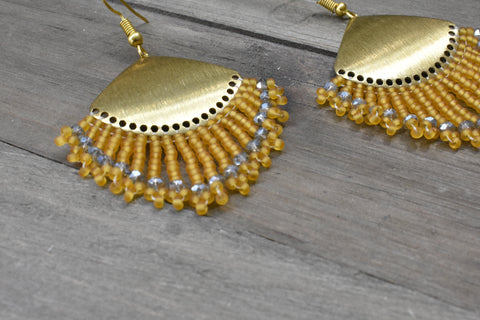 Gold Beaded Fringe Earrings with Raw Brass Pendant