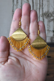 Gold Beaded Fringe Earrings with Raw Brass Pendant