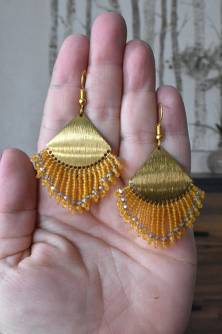 Gold Beaded Fringe Earrings with Raw Brass Pendant