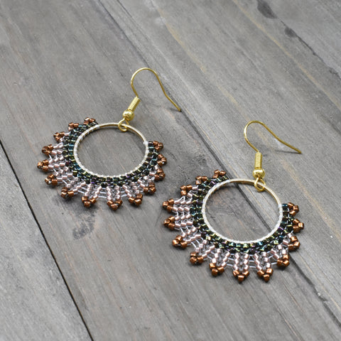 Hand-beaded Herringbone Hoop Earrings in Bronze, Green, and Gold