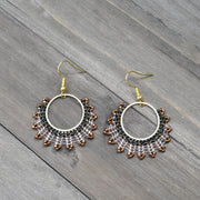 Hand-beaded Herringbone Hoop Earrings in Bronze, Green, and Gold