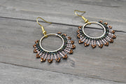 Hand-beaded Herringbone Hoop Earrings in Bronze, Green, and Gold