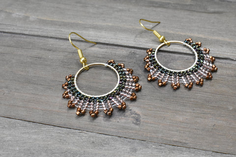 Hand-beaded Herringbone Hoop Earrings in Bronze, Green, and Gold