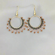 Hand-beaded Herringbone Hoop Earrings in Bronze, Green, and Gold