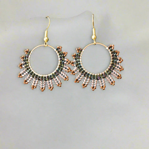 Hand-beaded Herringbone Hoop Earrings in Bronze, Green, and Gold