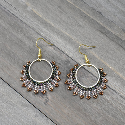 Hand-beaded Herringbone Hoop Earrings in Bronze, Green, and Gold