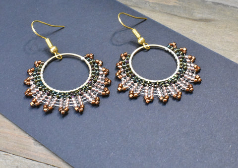 Hand-beaded Herringbone Hoop Earrings in Bronze, Green, and Gold